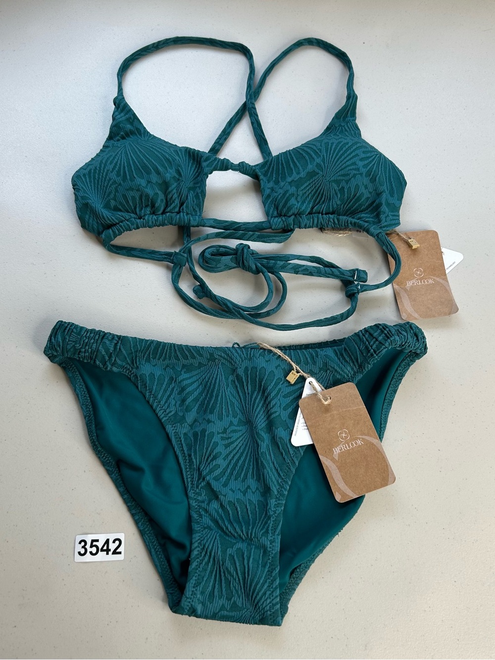 Berlook Bikini Set Small Dark Green Jacquard Elastic Bottom Textured Cut Out Top